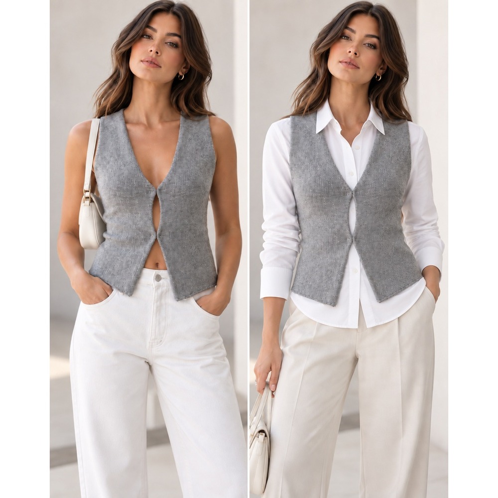 Rumored Prince Street Grey Knit Sweater Vest Scandi Copenhagen Top V-Neck XL